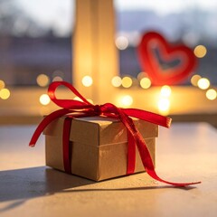 Soft evening light fills the room. A small box of handmade chocolates tied with a red