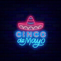 Cinco de Mayo party neon label. Bright typography with sombrero. Mexican holiday in May. Glowing invitation. Editable stroke. Vector stock illustration