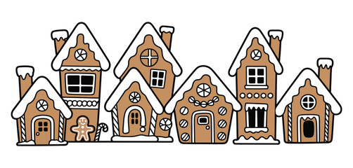 Charming row of iced gingerbread houses, Christmas design vector illustration featuring festive sweets, snowy decorations, candy details