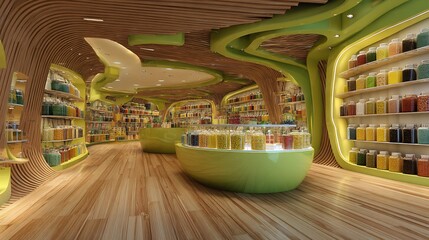 Whimsical store interior featuring organic shelving and wooden floors