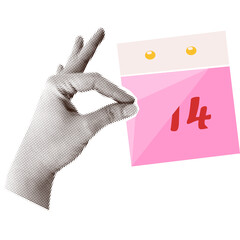 Retro halftone hand pointing to February 14th on a calendar. Simple paper cutout element for Valentine's Day.