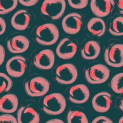 A seamless pattern with red and pink circles painted with circular brush strokes on a dark background. Perfect for your abstract designs.