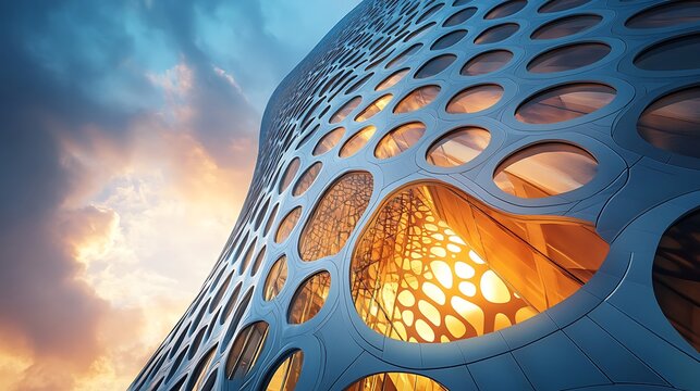 Futuristic city airport skyline at sunset with blue abstract light waves