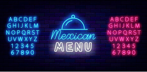Mexican menu neon emblem. Dish icon. Mexican bar and restaurant. Glowing pink and blue alphabet. Editable stroke. Vector stock illustration
