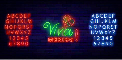 Viva Mexico neon sign with maracas. Mexican traditional holiday. Independence day. Glowing red and white font. Culture event. Glowing invitation. Editable stroke. Vector stock illustration
