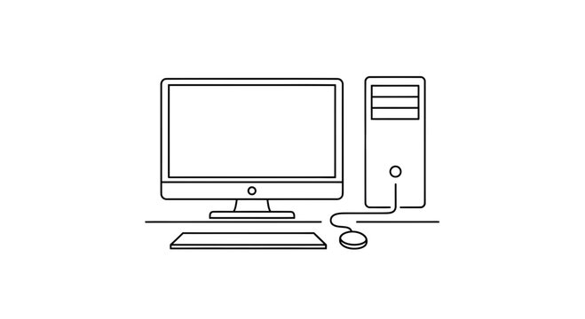 A simple line drawing of a computer setup on a desk viewed from the front