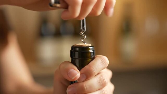 Close-up of hands using a corkscrew to remove a cork from a green wine bottle