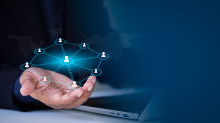 Business network, digital connection, human relationship, social network, data technology, professional teamwork, corporate communication and centralized relationship management on modern interface