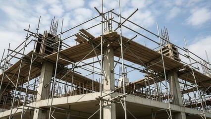 Close view of metal scaffolding and planks on concrete frame against sky