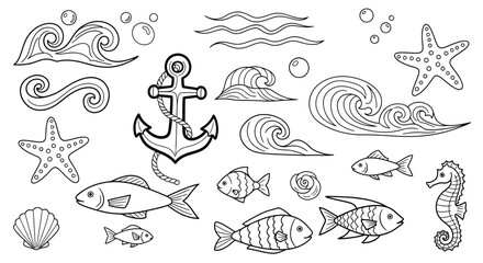 Underwater World with Anchor, Fish, and Sea Creatures Illustration