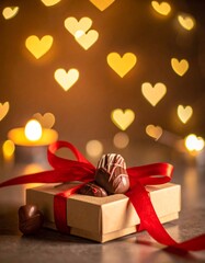 Soft evening light fills the room. A small box of handmade chocolates tied with a red