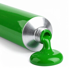 Green paint flowing from an aluminum tube on a white background. Concept of eco design, sustainability, creativity, natural color, art materials, and environmentally friendly branding.