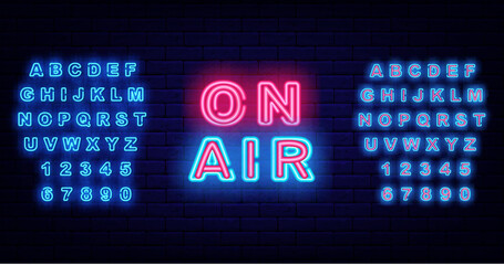 On air neon quote. Record studio and radio. Live streaming. Shiny turquoise alphabet. Vector stock illustration