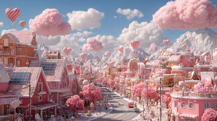 Whimsical town with pink buildings, heart balloons, and fluffy clouds against snow-capped mountains