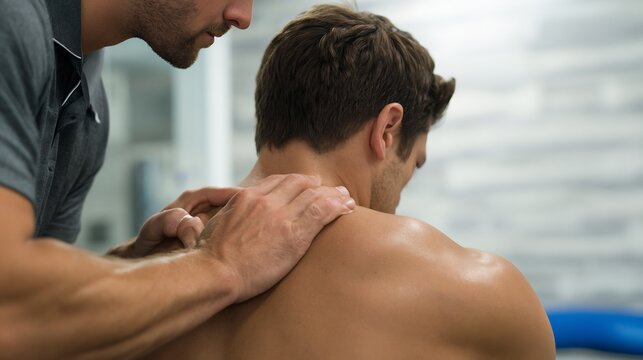 Crossfit athlete shoulder impingement receiving muscle release therapy clean white clinical setup realistic rehab imagery