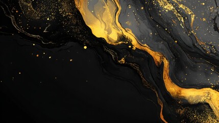 bold black watercolor base blended with flowing metallic gold accents, organic ink diffusion mixed with modern luxury tech aesthetic, high contrast