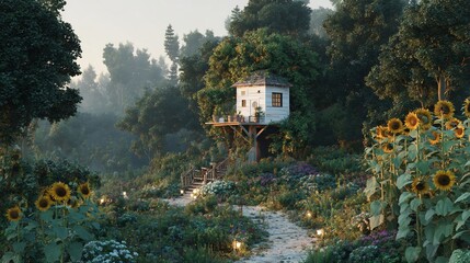 Whimsical treehouse nestled in lush, sunlit garden, pathways, sunflowers & vibrant flora abound