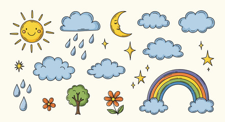 Weather elements and nature symbols including clouds, sun, moon, rainbow, and flowers in a whimsical illustration