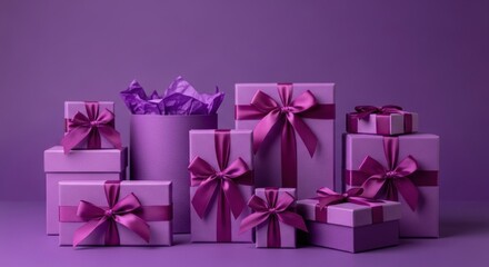 Purple gift boxes with ribbons on a purple background.