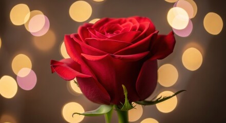 A single red rose against a blurred background with bokeh lights.
