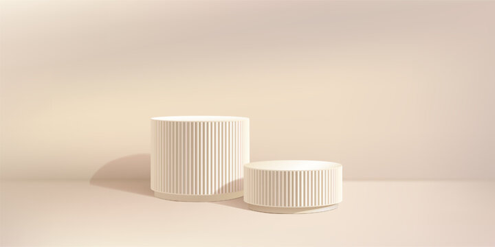 Beige product podium, shadow bg. Marble 3d pillar in light limbo. Elegant fluted premium display studio. Soft spotlight gobo on white ramadan platform. Two level cream cosmetic poduim, abstract stage