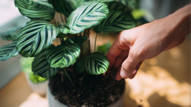 close up of hand checking soil moisture in a calathea plant pot, patterned green leaves clearly visible, minimalist home interior, soft shadows, calm