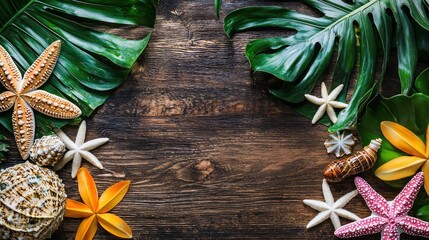 A wooden table with tropical leaves and starfishes on it. The scene evokes a tropical beach vibe with vibrant colors and natural textures.