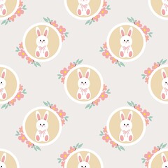 Fototapeta premium Cute Easter seamless pattern with bunnies and flowers, greeting card, fabric, wallpaper 
