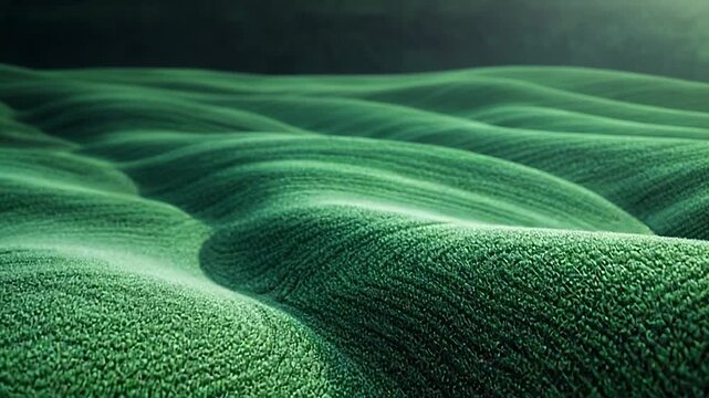 Rolling green hills of lush grass forming soft wavy patterns across a serene rural landscape, bathed in subtle light for a vibrant, peaceful summer meadow panorama