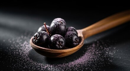 A wooden spoon with a blackberry on a dark background.