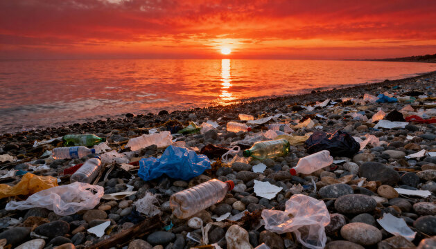 Polluted beach with plastic waste and debris at sunset highlighting environmental pollution issues