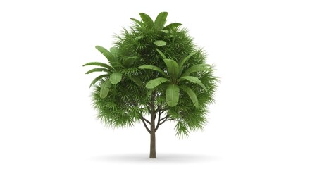 A palm tree with large green leaves against a white background.