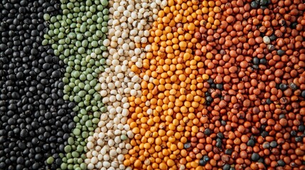A colorful array of lentils in a pile, with a mix of green, white, orange, and red lentils, arranged in a visually appealing pattern.