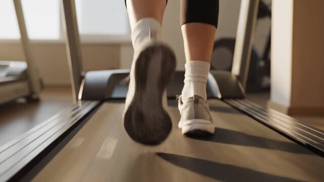 Close-up of person running on treadmill in modern gym setting