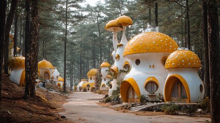 Whimsical village nestled among pine trees, mushroom-shaped homes line a path
