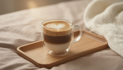 Hot latte with heart shape on wooden tray beside cozy blanket  