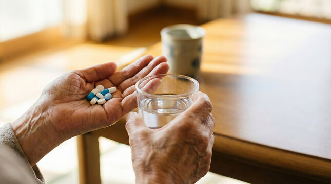 手のひらに乗せた薬と水が入ったコップを持つ高齢者の手元のアップ