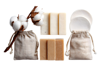 Zero waste skincare set with cotton and soap bars isolated on a transparent background