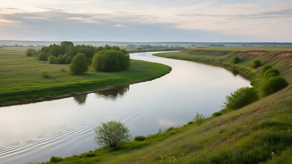 A serene river winds through a lush green landscape with trees and bushes under a cloudy sky