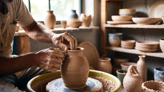 Close-up of hands shaping clay vase on pottery wheel in workshop