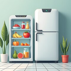 smart refrigerator with food and closed white fridge for kitchen tech blogs, healthy lifestyle websites, home appliance design, and modern nutrition presentations, with copy space