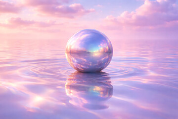 Chrome sphere floating on reflective water