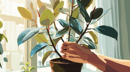 hands gently rotating a rubber plant pot toward window light, thick glossy leaves, warm sunlight, modern apartment interior, simple and mindful plant