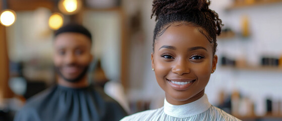 A smiling stylist in a salon with mirrors and shelves will emphasise the brand's professionalism, creating an atmospheric backdrop for advertising cosmetic services or training.