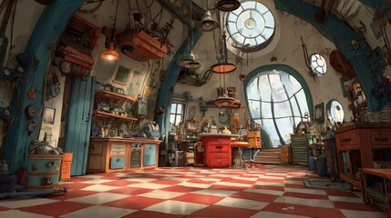 Whimsical workshop interior with tools, workbenches, arched windows, and a checkered floor