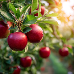 Apple tree in modern orchard with red and green apples hanging densely among vibrant green leaves under natural sunlight with lens flares and symmetry  
