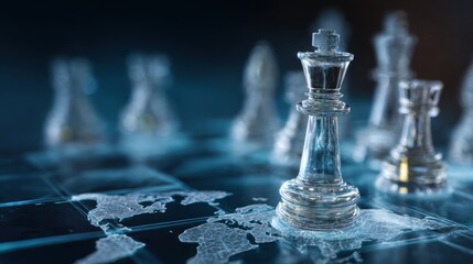 high detail photo of a transparent glass chessboard mid game, single king piece sharply in focus at center, placed above a glowing holographic world