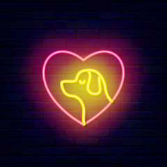 Dog head neon icon. Heart frame. Love animal care center. Veterinary, training and grooming. Domestic animal. Human pet. Glowing typography. Editing text. Vector stock illustration