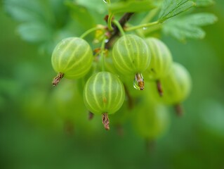 Fresh green gooseberries hanging from a lush branch