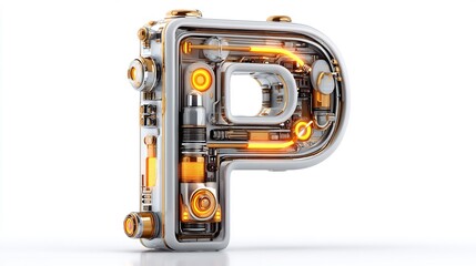 Futuristic 3D Letter P Robotic Technology Glow.